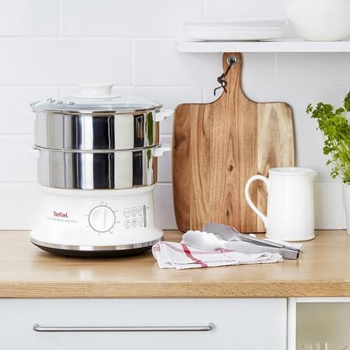 Tefal Dampfgarer elektrisch, 2 Edelstahlbehälter, 6L Fassungsvermögen, Dampfkocher mit 24cm Durchmesser, Timer und automatische Abschaltung, 900W, weiß, VC1451