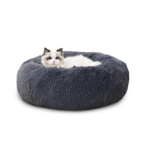 BEDSURE Hundebett waschbar Flauschiges Katzenbett - Ø 50 cm Donut Kissen, Katzenschlafplatz für Katzen Kleine Mittelgroße Hunde, Plüsch Katzenkissen Rund Kuschelbett Katzen Bettchen, Dunkelgrau