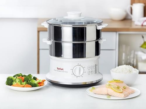 Tefal Dampfgarer elektrisch, 2 Edelstahlbehälter, 6L Fassungsvermögen, Dampfkocher mit 24cm Durchmesser, Timer und automatische Abschaltung, 900W, weiß, VC1451