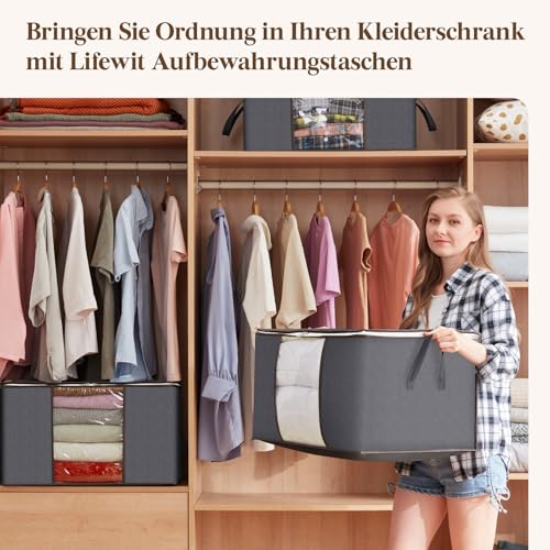 Lifewit 6 Stück Aufbewahrungstasche, Aufbewahrungsbox mit Deckel, Kleiderschrank Organizer Faltbare Kleideraufbewahrung Umzugskartons mit Verstärkt Griff für Bettdecken Kleidung Decke, Grau