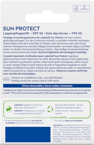 Labello Sun Protect LSF 50, wasserfeste Lippenpflege mit hohem Sonnenschutz, mineralölfreie Lippenpflege mit Sheabutter, Vitaminen & natürlichen Ölen (4,8 g)