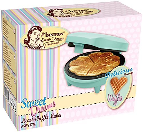 Bestron Waffeleisen für klassische Herzwaffeln, Waffelmaker mit Antihaftbeschichtung für Waffeln in Herzform, Retro Design, 700 Watt, Farbe: Mint