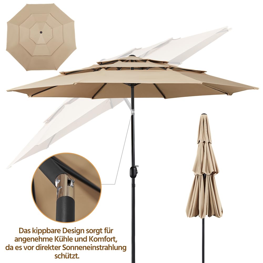 Yaheetech Sonnenschirm mit 3-lagigem Dach Φ 324 cm Neigbarer Gartenschirm UV-Schutz belüftet Marktschirm Outdoor Schirm Rund Sonnenschutz für Garten/Balkon/Terrasse/Strand, Hellbraun