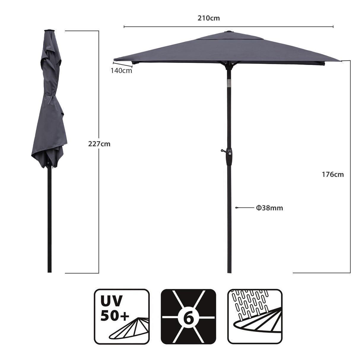 Sekey Aluminum Sonnenschirm 210 × 140 cm Sonnenschirm Balkon Sonnenschirm Rechteckig für Balkon Garten & Terrasse Sonnenschutz UV 50+