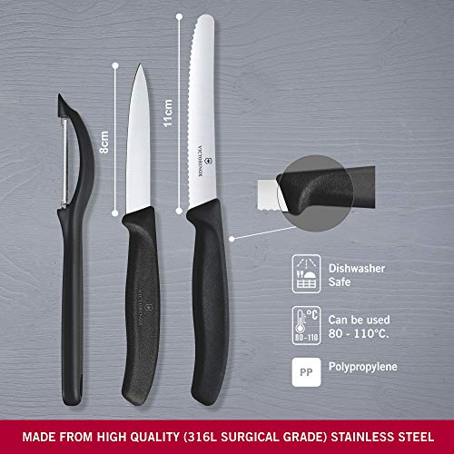 Victorinox Swiss Classic, Profi Gemüsemesser Set mit Schäler, 3-teilig, , Robuster Kunststoffgriff, schwarz