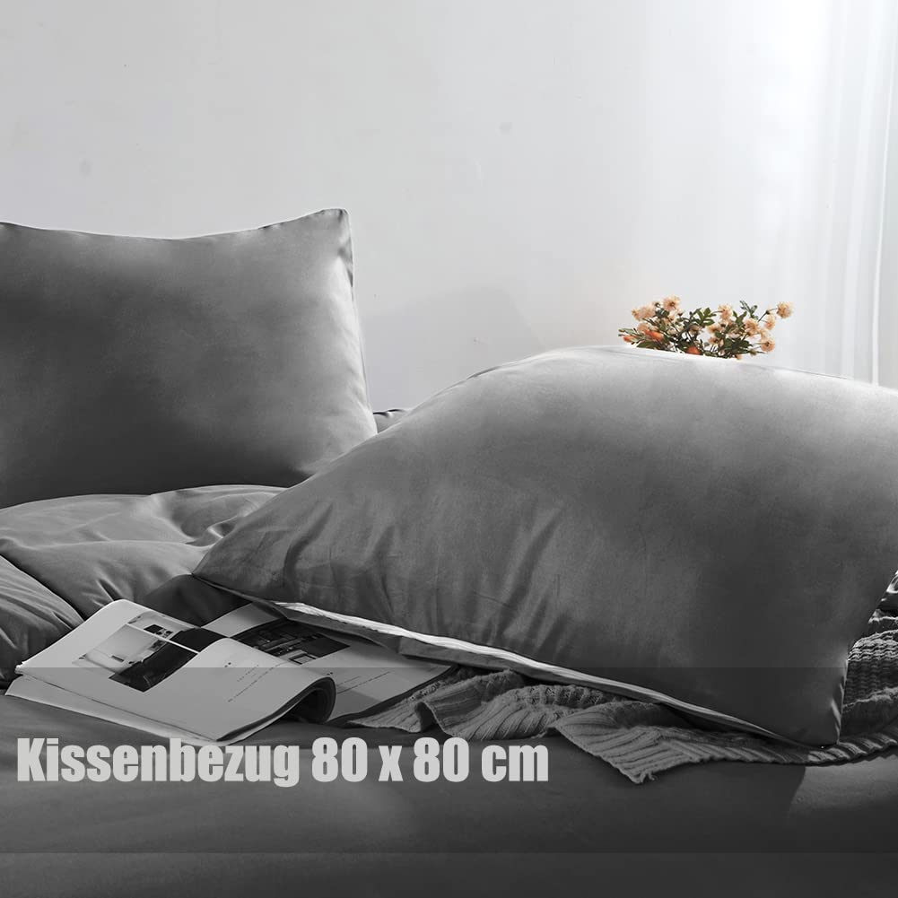 Soifox 135x200 4teilig Anthrazit bettwäsche Sets aus Mikrofaser bügelfrei & knitterfrei - Bettbezug 2er + Kissenbezug 2er , 80x80 mit Reißverschlus