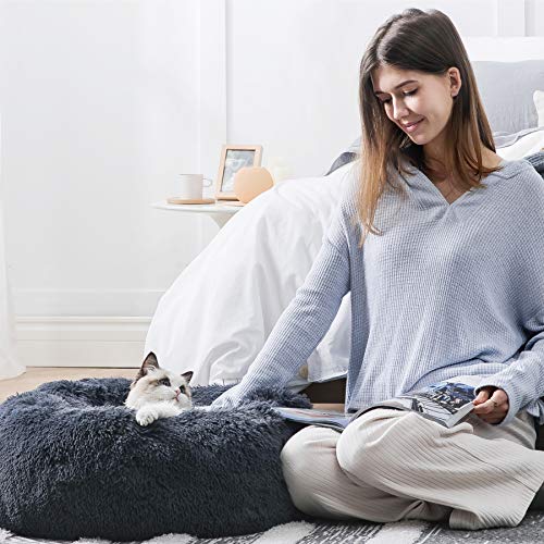 BEDSURE Hundebett waschbar Flauschiges Katzenbett - Ø 50 cm Donut Kissen, Katzenschlafplatz für Katzen Kleine Mittelgroße Hunde, Plüsch Katzenkissen Rund Kuschelbett Katzen Bettchen, Dunkelgrau