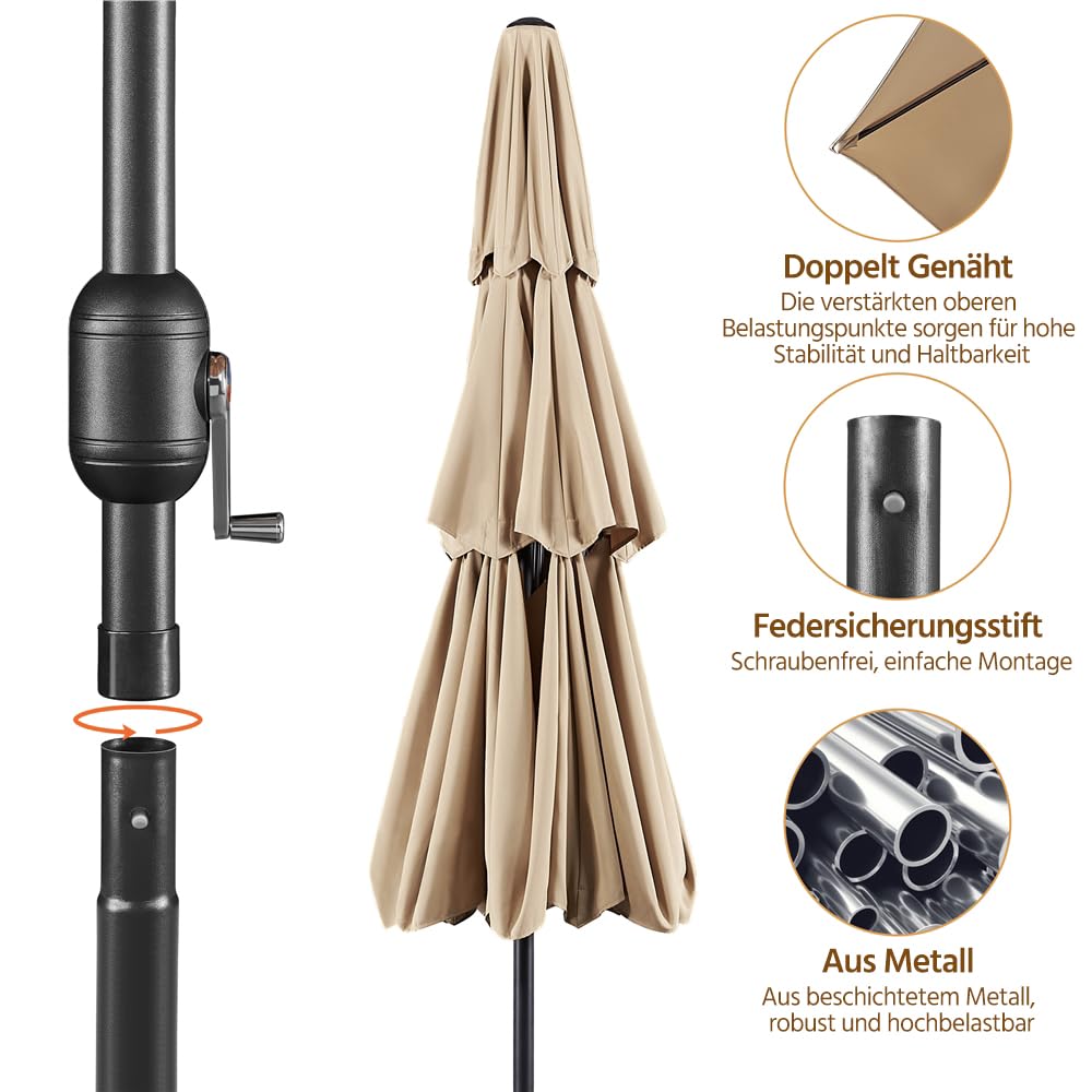 Yaheetech Sonnenschirm mit 3-lagigem Dach Φ 324 cm Neigbarer Gartenschirm UV-Schutz belüftet Marktschirm Outdoor Schirm Rund Sonnenschutz für Garten/Balkon/Terrasse/Strand, Hellbraun