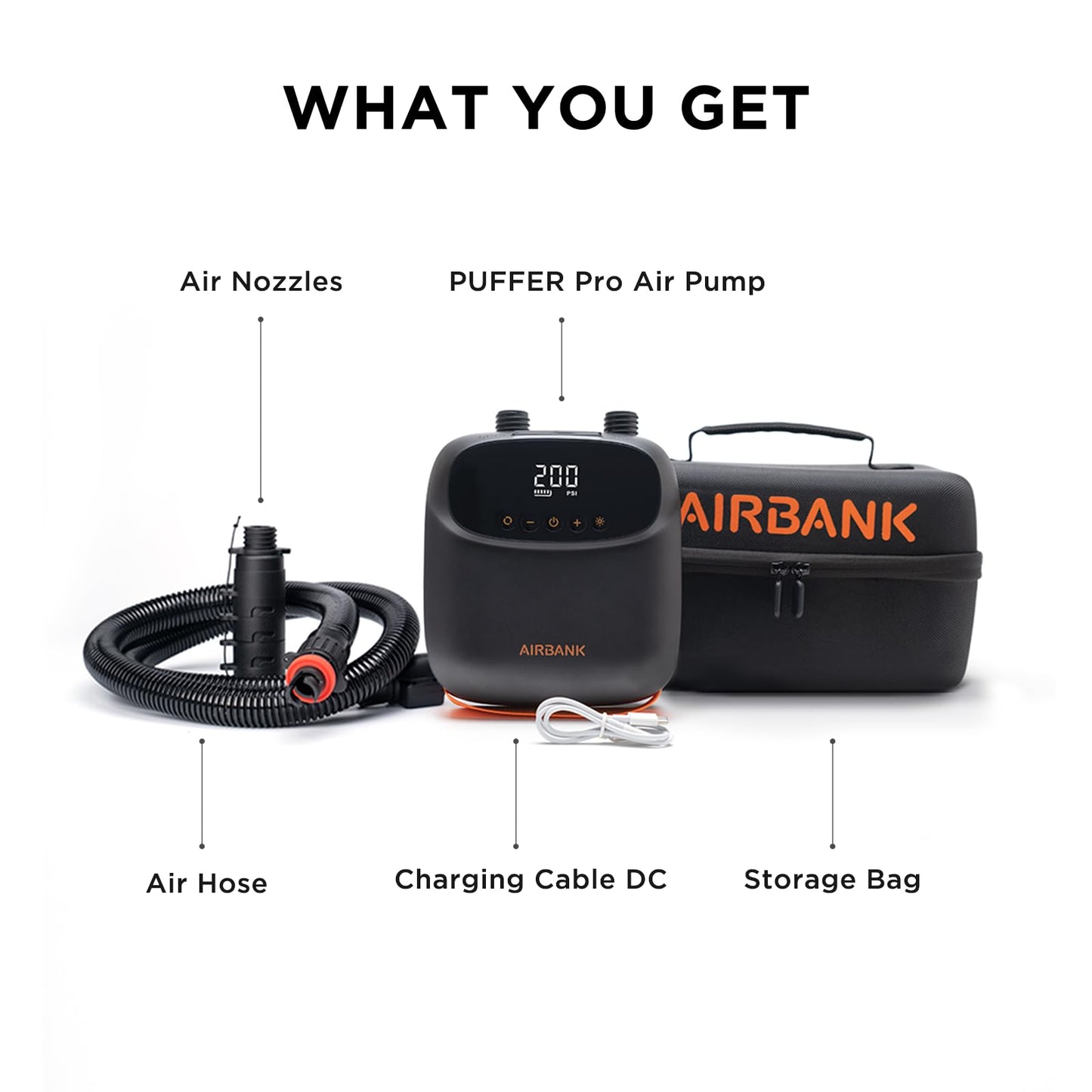 AIRBANK Elektrische Luftpumpe SUP Pumpe mit Akku Der Puffer Pro, Wiederaufladbare Dual Stage Auto Off Luftpumpe für Paddleboard, Wing Foil & Kite, Zelt, Matratze (Orange)