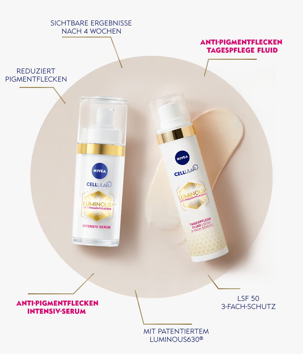 NIVEA Cellular LUMINOUS 630® Tagespflege Fluid und Intensiv-Serum Set, Anti-Pigmentflecken Pflegeset, inklusive Anti-Aging Tagespflege und Serum, Geschenkbox (1 x 40 ml, 1 x 30 ml)