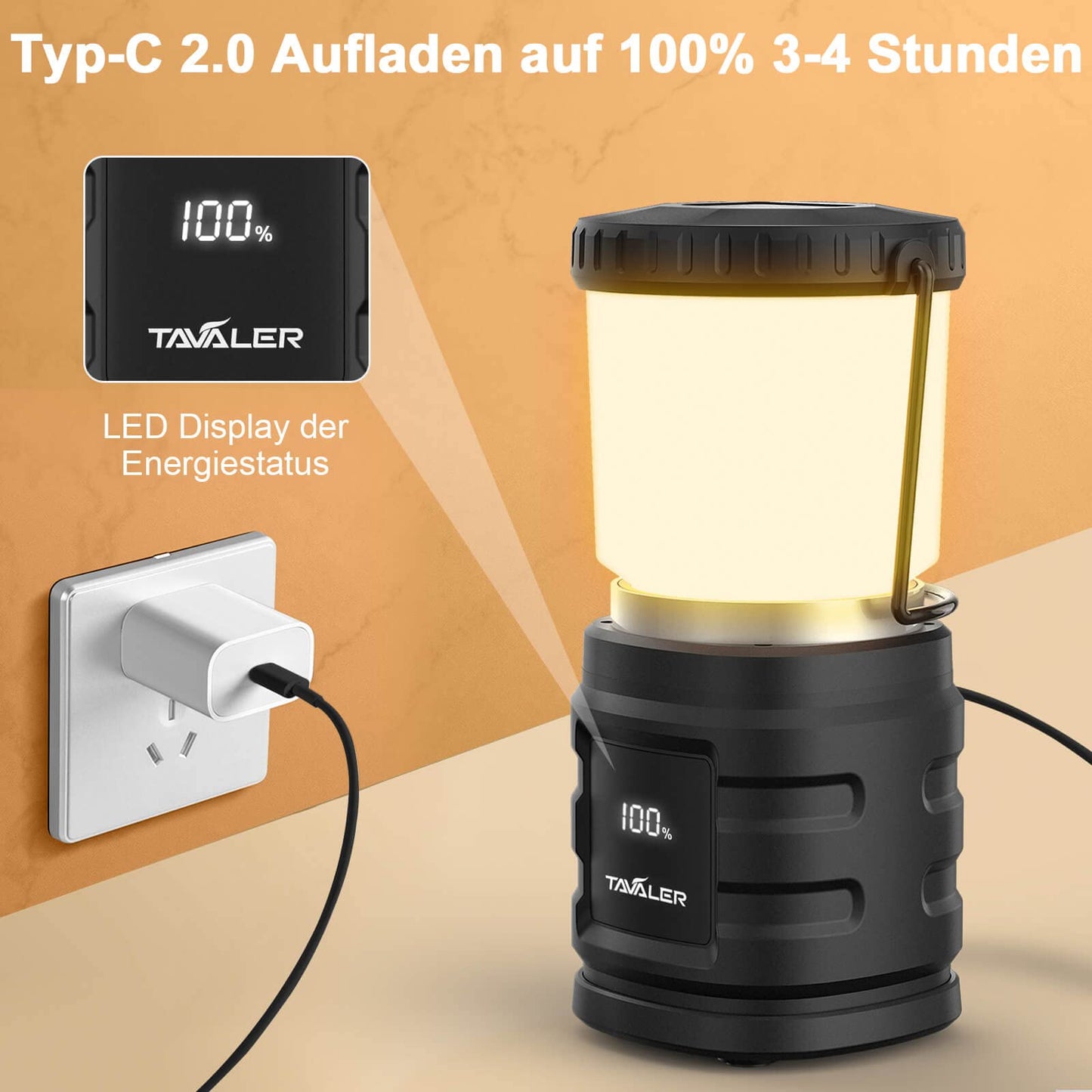 Tavaler Camping Laterne 8000 mAh Akku USB C Aufladbar Campinglampe mit LED Batterieanzeige Bildschirm Camping Licht IP65 Wasserdicht Campingleuchte für Wandern Outdoor, Notfall, Power Bank