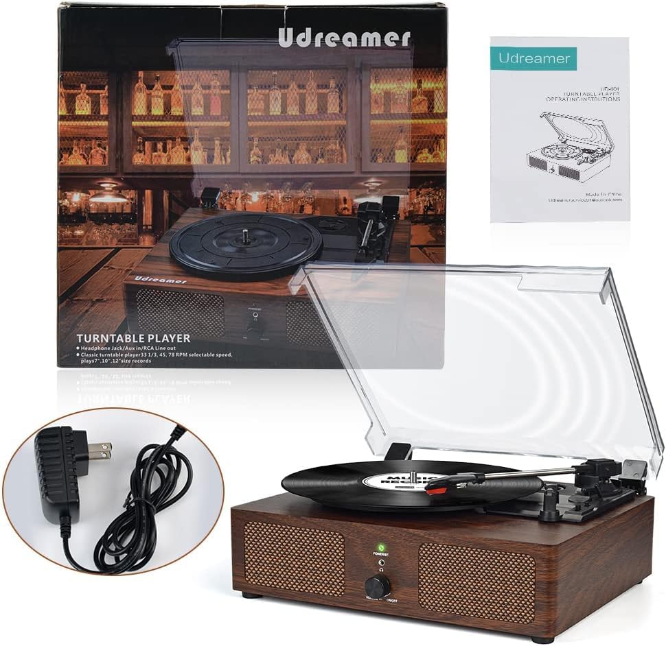 Udreamer Schallplattenspieler, Plattenspieler mit integrierten Lautsprechern und Bluetooth Riemenantrieb, Vintage-Phonograph mit 3 Geschwindigkeiten für Musikgenuss und Heimdekoration Kaffee