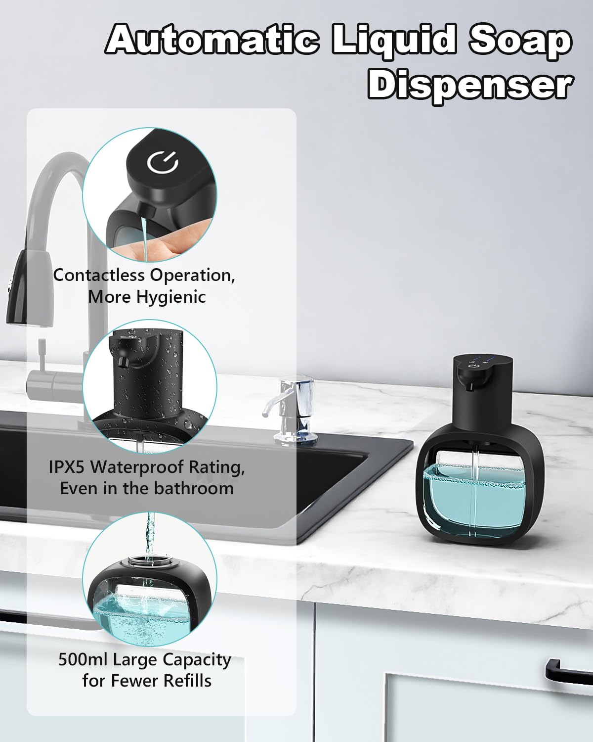 Dalugo Automatischer Seifenspender, USB C Seifenspender Wandbefestigung 500ml Elektrischer Seifenspender mit Sensor, Verstellbar Seifenspender Schwarz für Küche Badezimmer