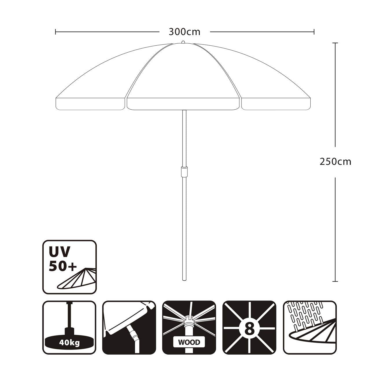 Sekey Sonnenschirm 300 cm Holz-Sonnenschirm Marktschirm Gartenschirm Terrassenschirm Rund UV50+
