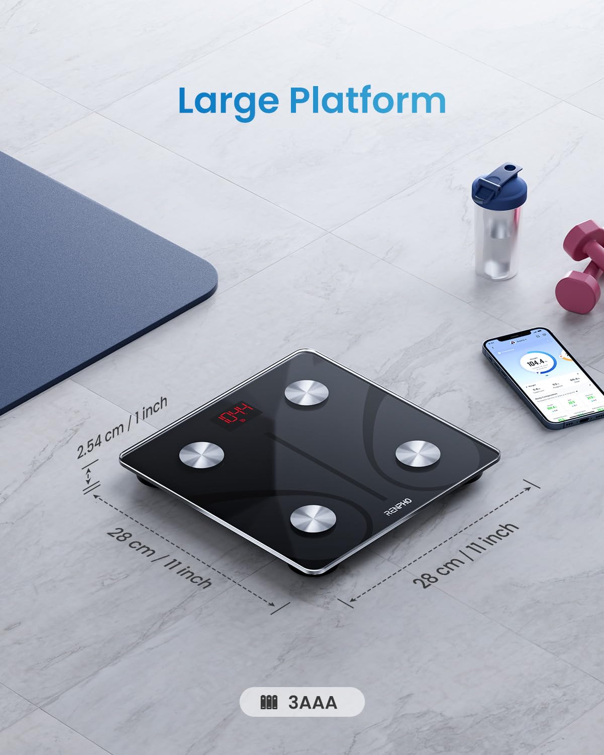RENPHO Personenwaage Körperfettwaage, Waage Personen mit App 180 kg/400 lbs, Körperwaage Digital Bluetooth Körperanalysewaage für Körperfett, BMI, Muskelmasse, Protein, BMR, Schwarz
