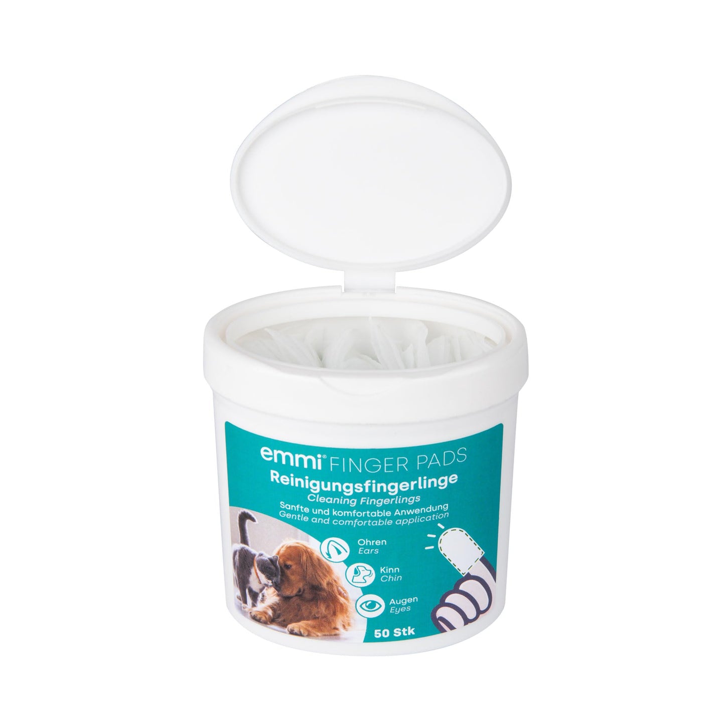 Emmi-pet Finger-Pads für Hunde & Katze, Einweg-Reinigungsfingerlinge für Ohren, Kinn & Augen, Reinigungstücher zur Pflege & Hygiene 50Stück