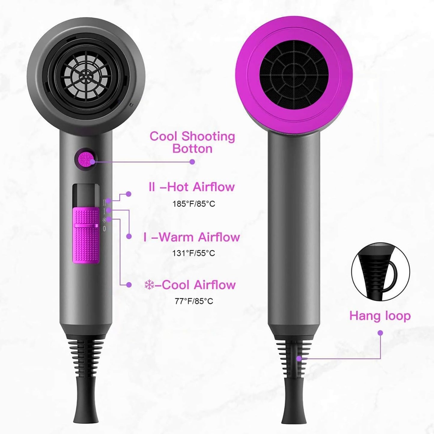 Ionen Föhn AC Motor 1800W Haartrockner, Slopehill Schnelltrocknen Hair Dryer, Salon Haarfön mit Heiß-/Kalttaste, 3 Fön Concentrators and Diffuser, 3 Temperatureinstellungen, 2-Gang(Violett)