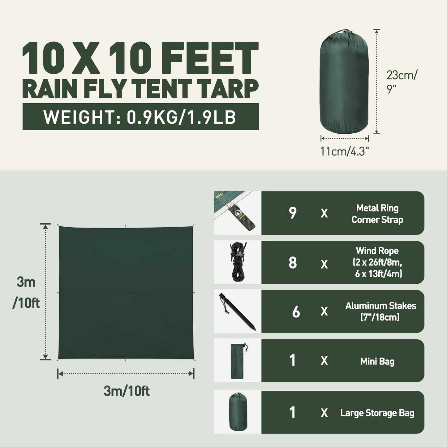 VOSOIR Tarp 3x3M Wasserdicht, Ultraleicht Camping Zeltplane, mit 9 Öse+6 Aluminiumstifte+8 Nylonseile, Anti-UV Schnee Regen Schutz, Leicht Kompakt für Hängematte Camping Picknick Wandern(Dunkelgrün)