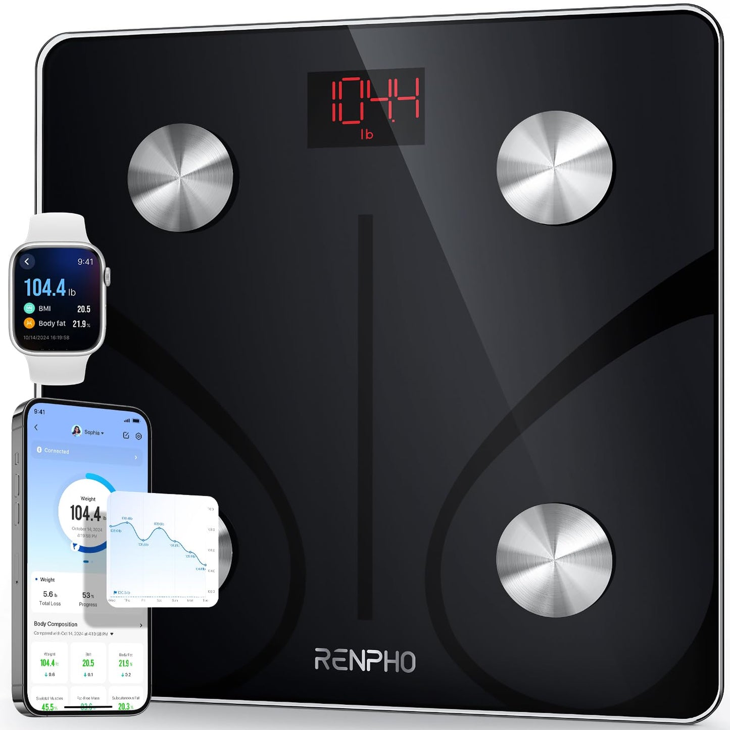 RENPHO Personenwaage Körperfettwaage, Waage Personen mit App 180 kg/400 lbs, Körperwaage Digital Bluetooth Körperanalysewaage für Körperfett, BMI, Muskelmasse, Protein, BMR, Schwarz
