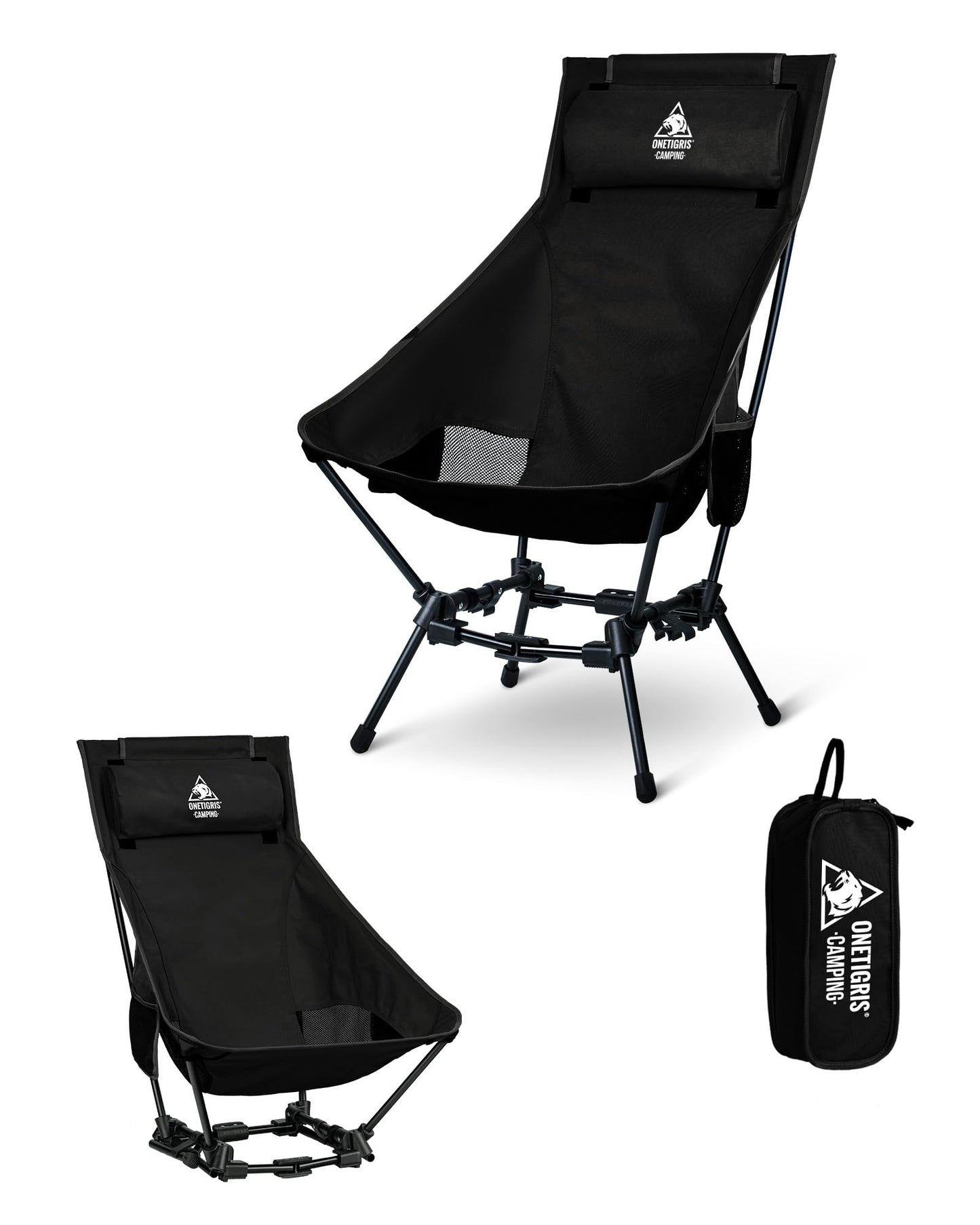 OneTigris DRAGONHIDE Campingstuhl Hochlehner faltbar 125 kg, Klappstuhl Camping leicht, Angelstuhl klappbar mit 2 Seitentaschen, Faltstuhl Ultraleicht für Outdoor, Wandern(Schwarz)