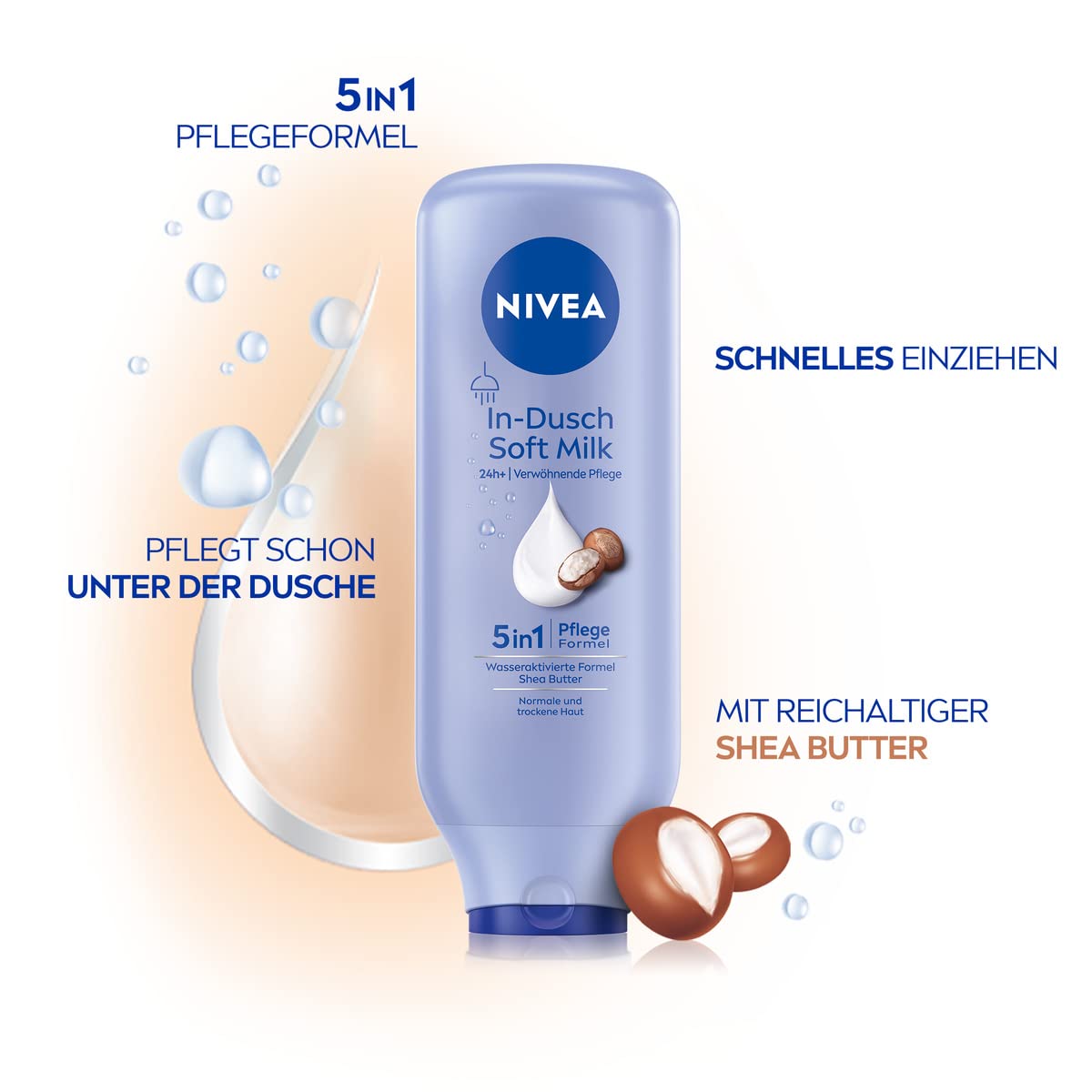 NIVEA In-Dusch Soft Milk (400 ml), Körpercreme mit Shea Butter und wasseraktivierter 5in1 Pflege Formel, feuchtigkeitsspendende Body Lotion für die Dusche