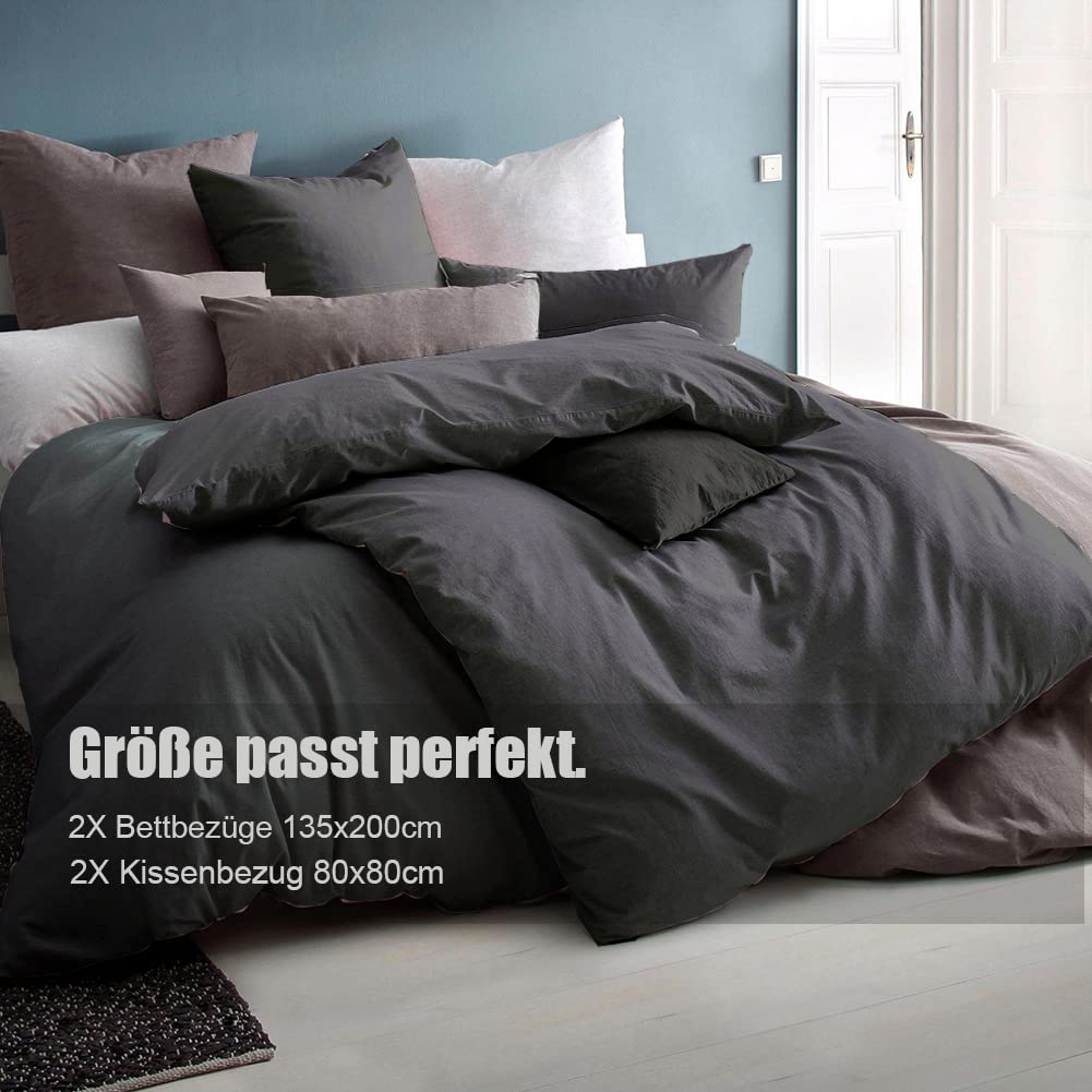 Soifox 135x200 4teilig Anthrazit bettwäsche Sets aus Mikrofaser bügelfrei & knitterfrei - Bettbezug 2er + Kissenbezug 2er , 80x80 mit Reißverschlus