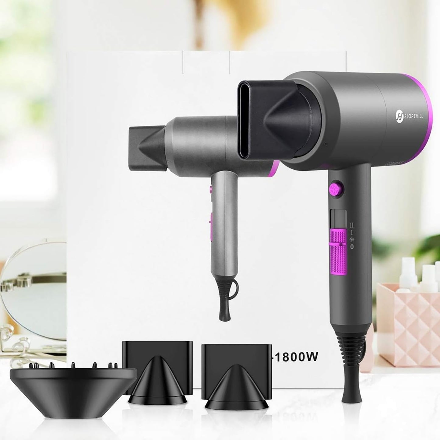 Ionen Föhn AC Motor 1800W Haartrockner, Slopehill Schnelltrocknen Hair Dryer, Salon Haarfön mit Heiß-/Kalttaste, 3 Fön Concentrators and Diffuser, 3 Temperatureinstellungen, 2-Gang(Violett)