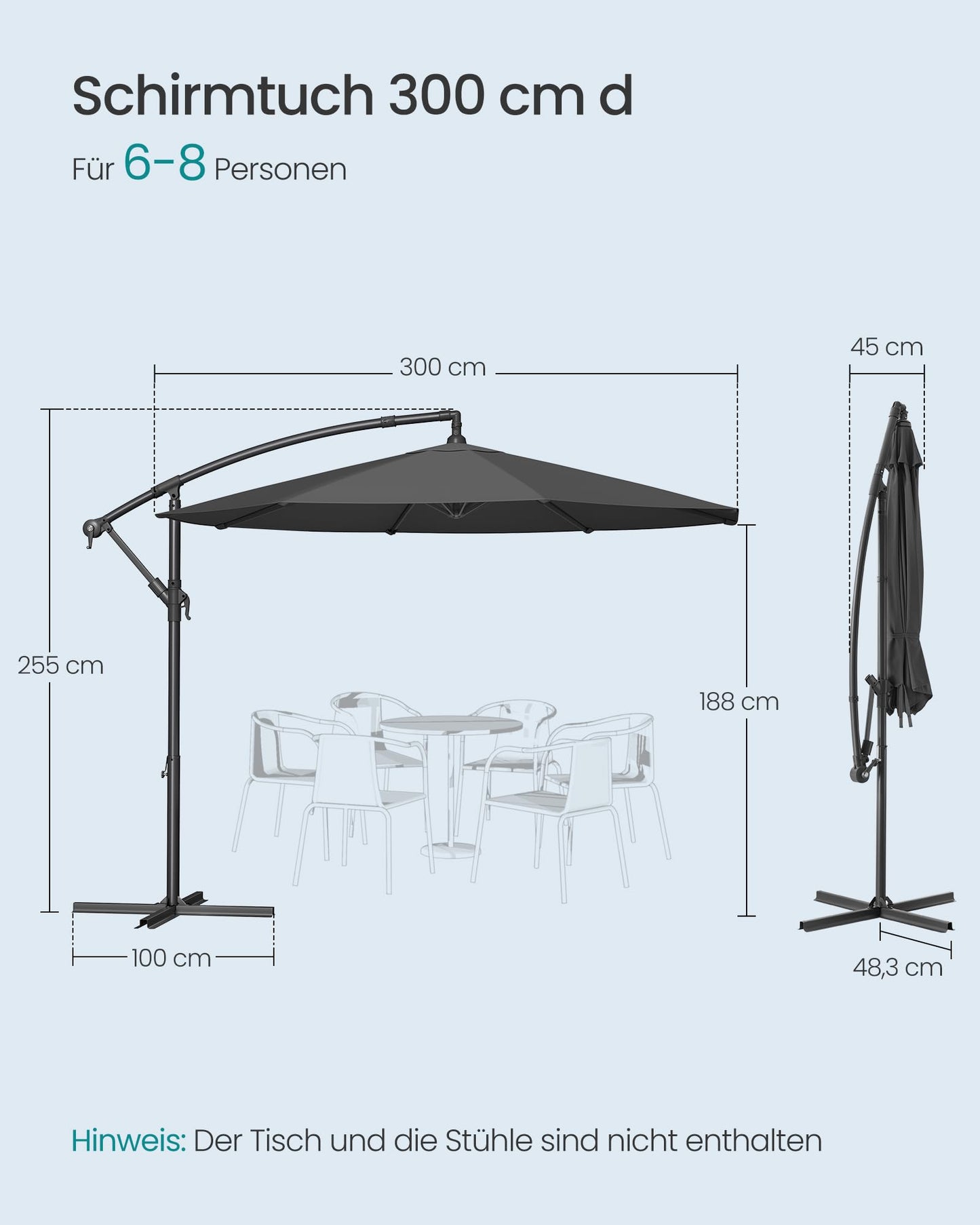 SONGMICS Sonnenschirm, Ampelschirm 300 cm d, mit Ständer, Sonnenschutz Balkon, Balkonschirm, UV-Schutz UPF 50+, mit Kurbel zum Öffnen und Schließen, für Terrasse, Garten, grau GPU116G01