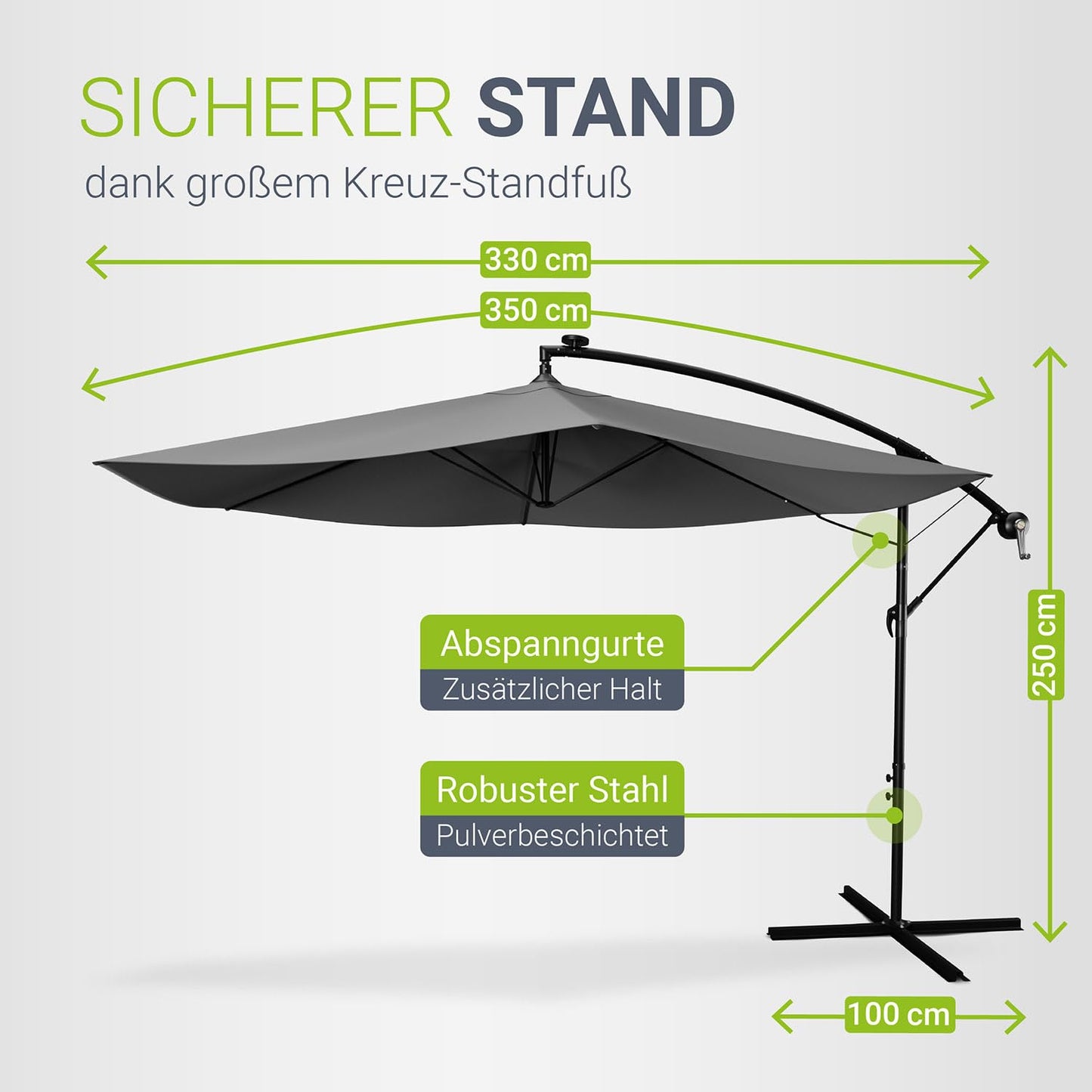 Juskys Ampelschirm Brazil 350 cm Kurbel Ständer - UV-Schutz wasserabweisend knickbar - Sonnenschirm Marktschirm - grau