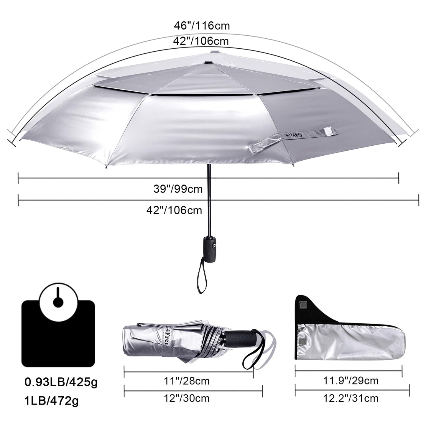 G4Free UPF 50+ UV-Schutz Reiseschirm 42/46 Inch Winddicht Silberbeschichtung Sonnenblockierender Regenschirm