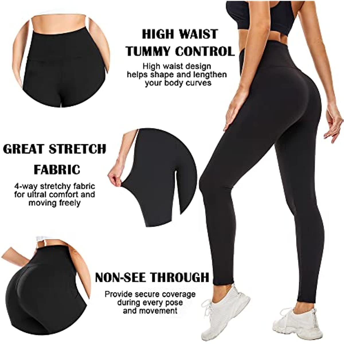 FuelMeFoot Leggings Damen High Waist Blickdicht Leggins mit Bauchkontrolle Slim Fit Angenehm Weiche Elastische Sportleggings.1 Pack-01-Schwarz L/XL
