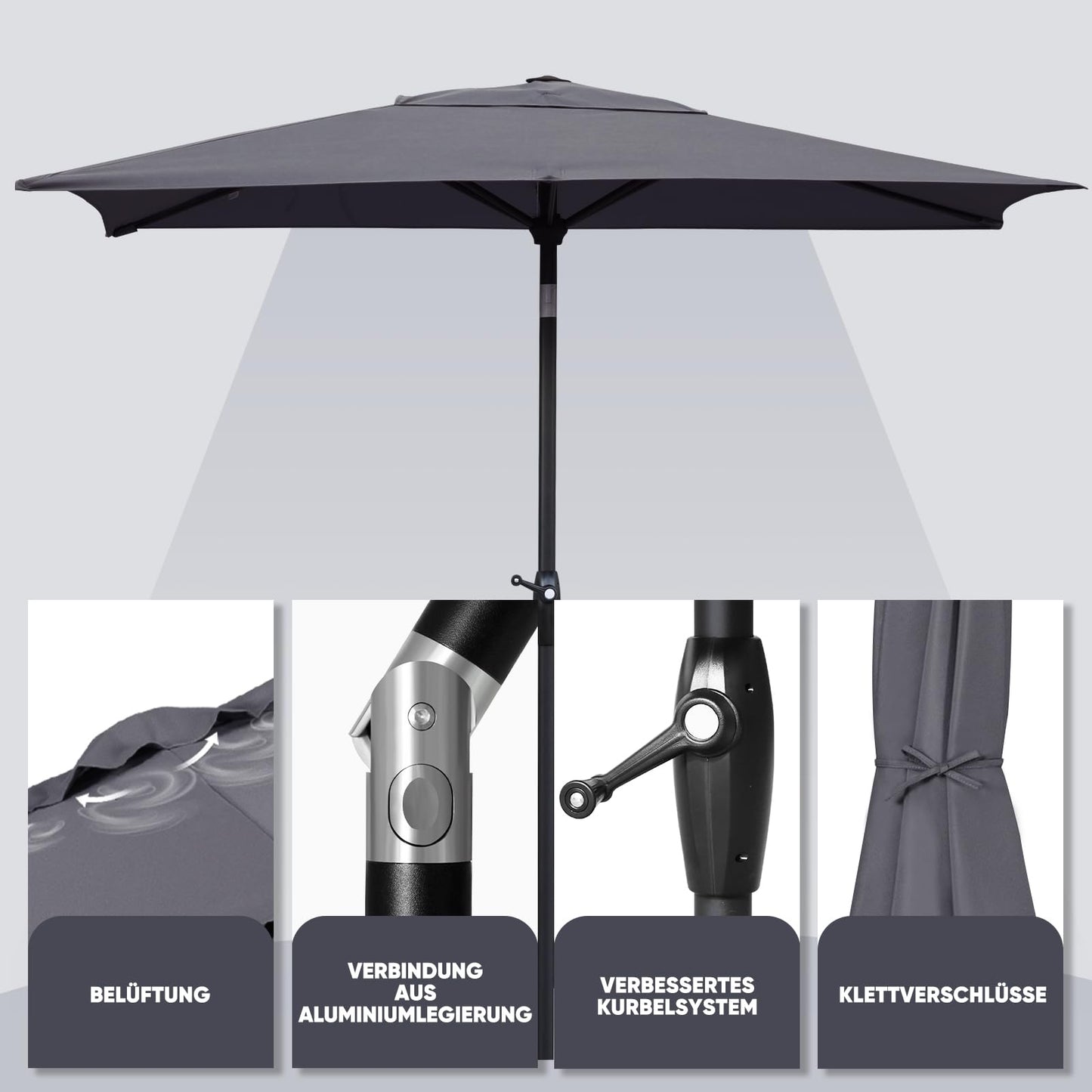 Sekey Aluminum Sonnenschirm 210 × 140 cm Sonnenschirm Balkon Sonnenschirm Rechteckig für Balkon Garten & Terrasse Sonnenschutz UV 50+