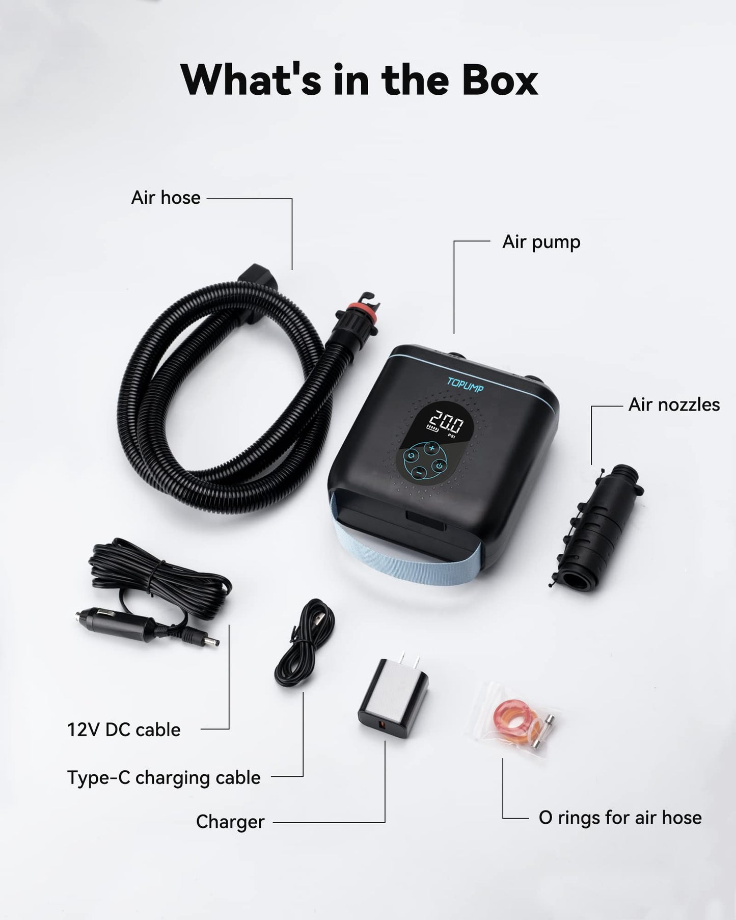 TOPUMP 20PSI Elektrische SUP-Pumpe TPS260, Wiederaufladbar, Auto-Off, 2-Stufen Inflation/Deflation, 12V DC & Typ-C für Paddle-Board, Kajak,Flügel,Drachen,Zelt