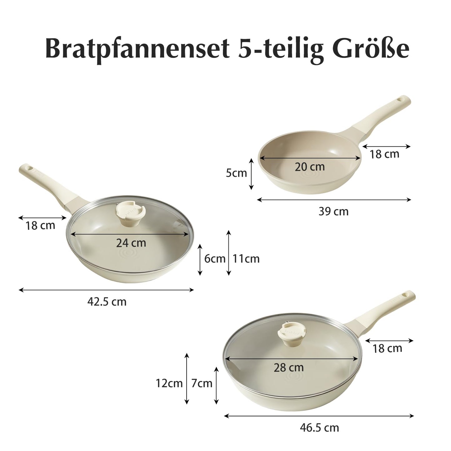 Redchef 5-teiliges Pfannenset Bratpfannen Induktion, Antihaft Keramik Pfannen Set, Pfannen 20/24/28 cm, 24/28cm Mit Deckel für alle Herdarten, PTFE-frei PFAS-frei PFOA-frei, Spülmaschinenfest Beige