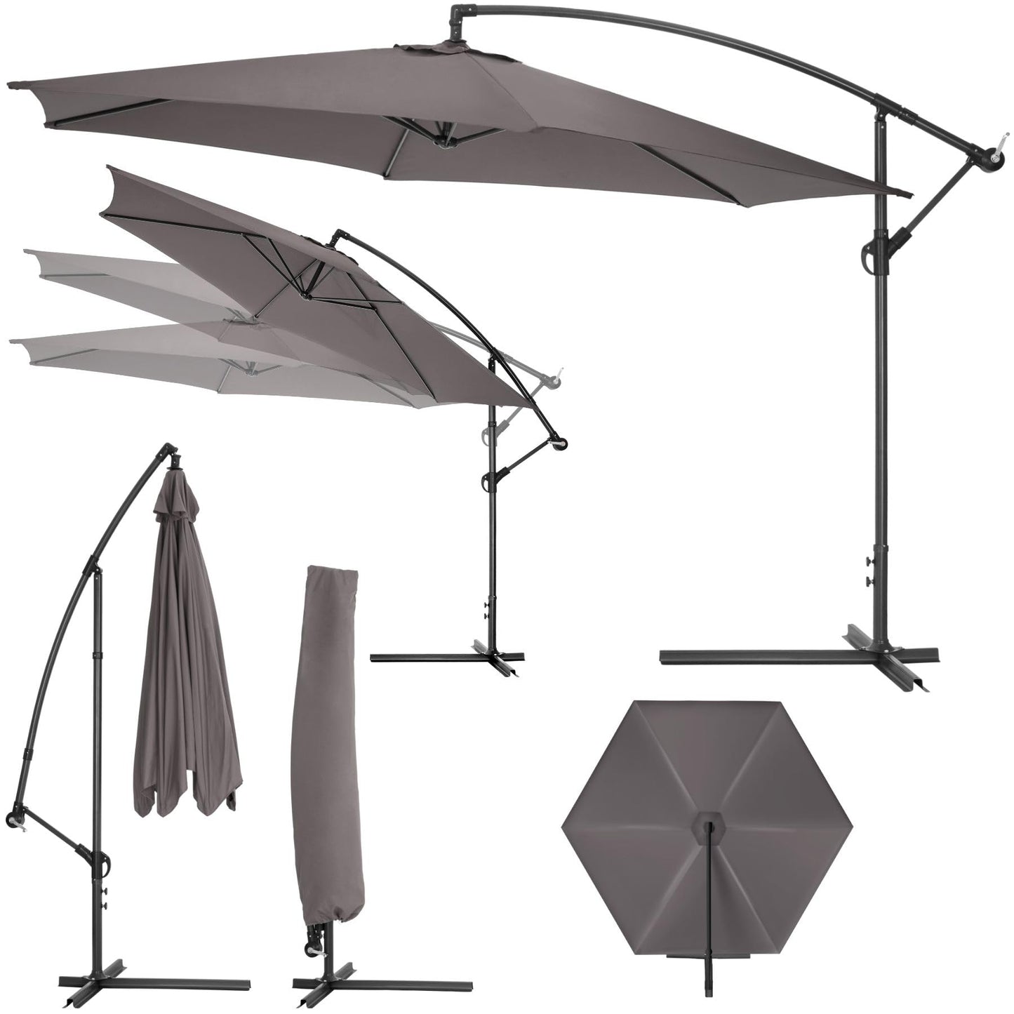 tectake Sonnenschirm mit Ständer, Ø 350 cm, Sonnenschutz für Balkon, Garten und Terrasse inkl. Schutzhülle, Ampelschirm groß mit Kurbel-Seilsystem, Schirm mit stabilem Gestell - grau