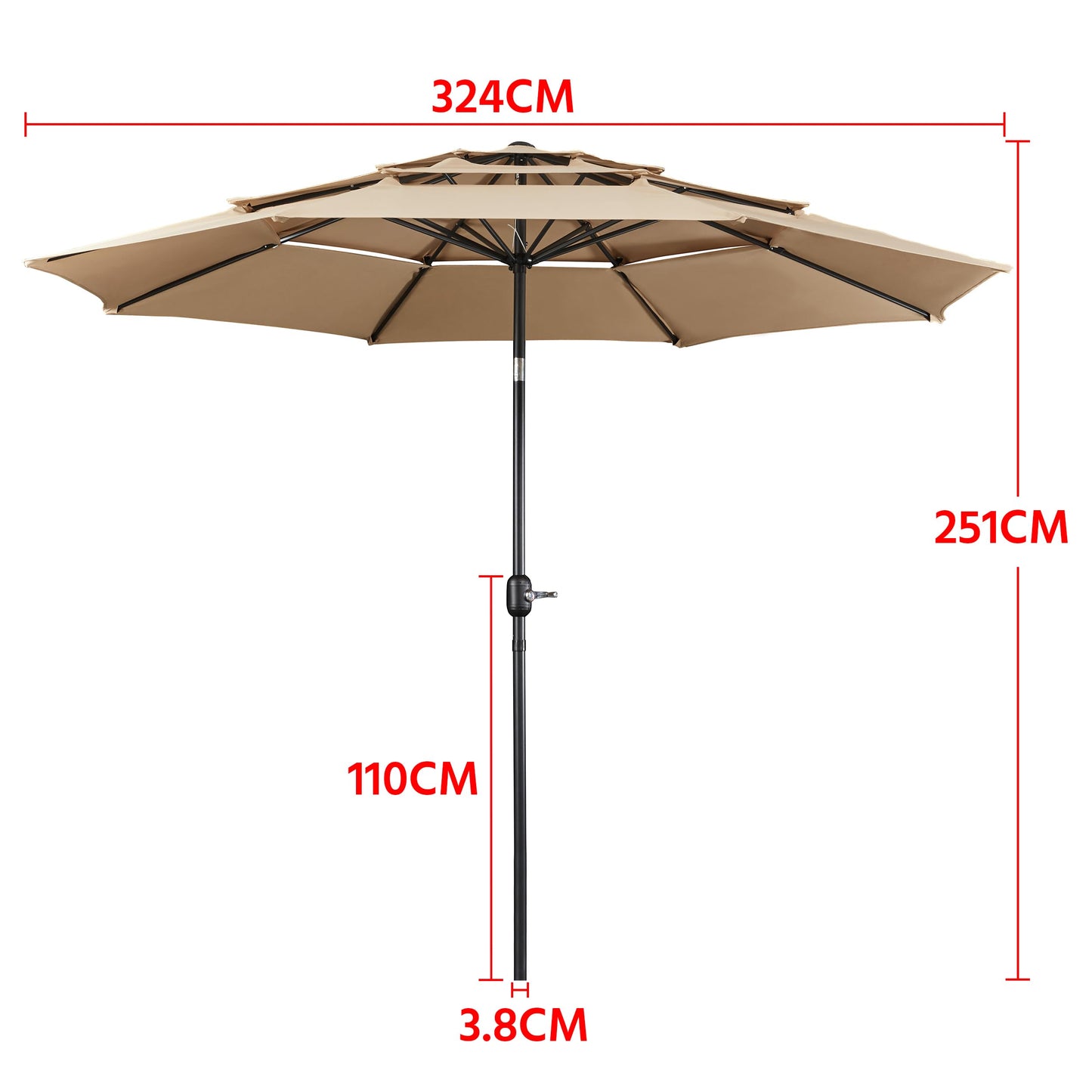 Yaheetech Sonnenschirm mit 3-lagigem Dach Φ 324 cm Neigbarer Gartenschirm UV-Schutz belüftet Marktschirm Outdoor Schirm Rund Sonnenschutz für Garten/Balkon/Terrasse/Strand, Hellbraun