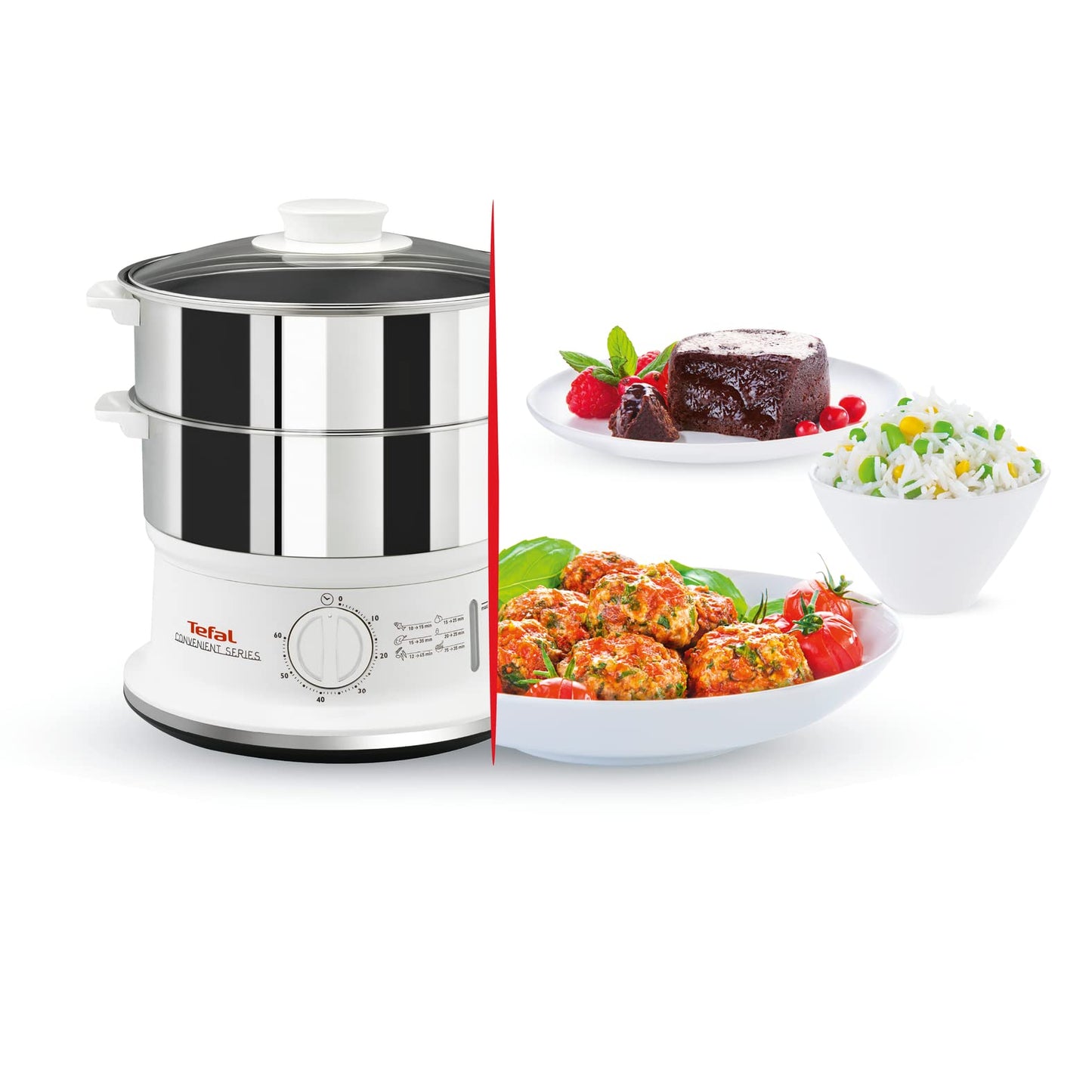 Tefal Dampfgarer elektrisch, 2 Edelstahlbehälter, 6L Fassungsvermögen, Dampfkocher mit 24cm Durchmesser, Timer und automatische Abschaltung, 900W, weiß, VC1451