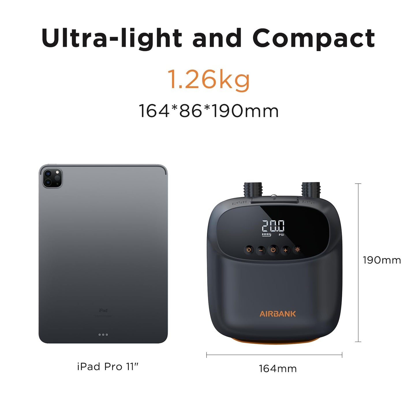 AIRBANK Elektrische Luftpumpe SUP Pumpe mit Akku Der Puffer Pro, Wiederaufladbare Dual Stage Auto Off Luftpumpe für Paddleboard, Wing Foil & Kite, Zelt, Matratze (Orange)
