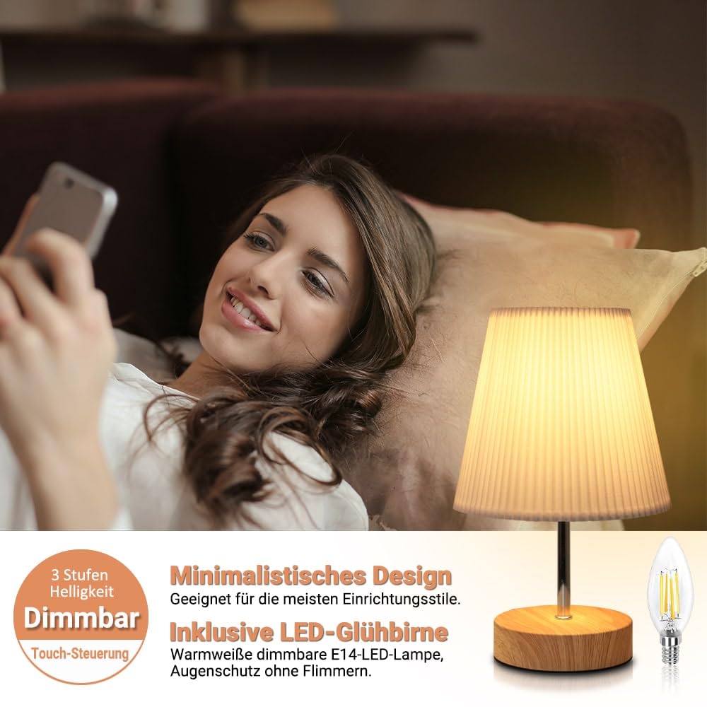 Nachttischlampe Touch Dimmbar, HSLighting Tischlampe Touch Dimmbare Glühbirne 3 Helligkeitsstufen Einstellbar Schreibtischlampe Minimalistische Tischleuchte für Nachttisch Schlafzimmer Lesen Wohnzimme