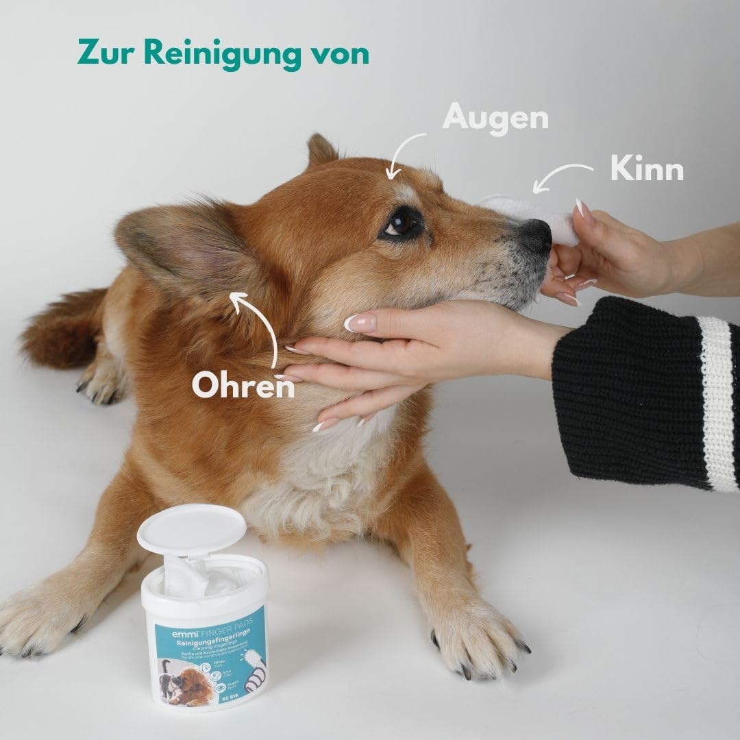 Emmi-pet Finger-Pads für Hunde & Katze, Einweg-Reinigungsfingerlinge für Ohren, Kinn & Augen, Reinigungstücher zur Pflege & Hygiene 50Stück