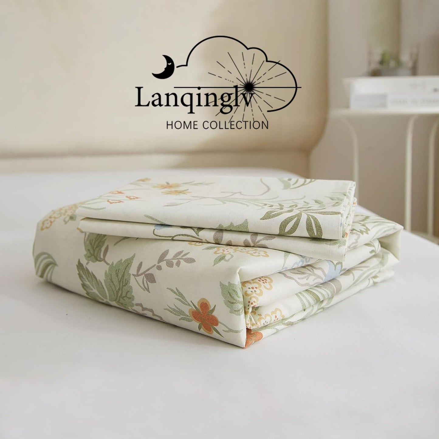 Lanqinglv Bettwäsche 135x200 cm 4Teilig Grün Weiß Blätter Blumen Muster Wende Bettwäsche 2er Set,Pflanzenmuster Bunt Microfaser 2 Bettbezug mit Reißverschluss und 2 Kissenbezug 80x80 cm
