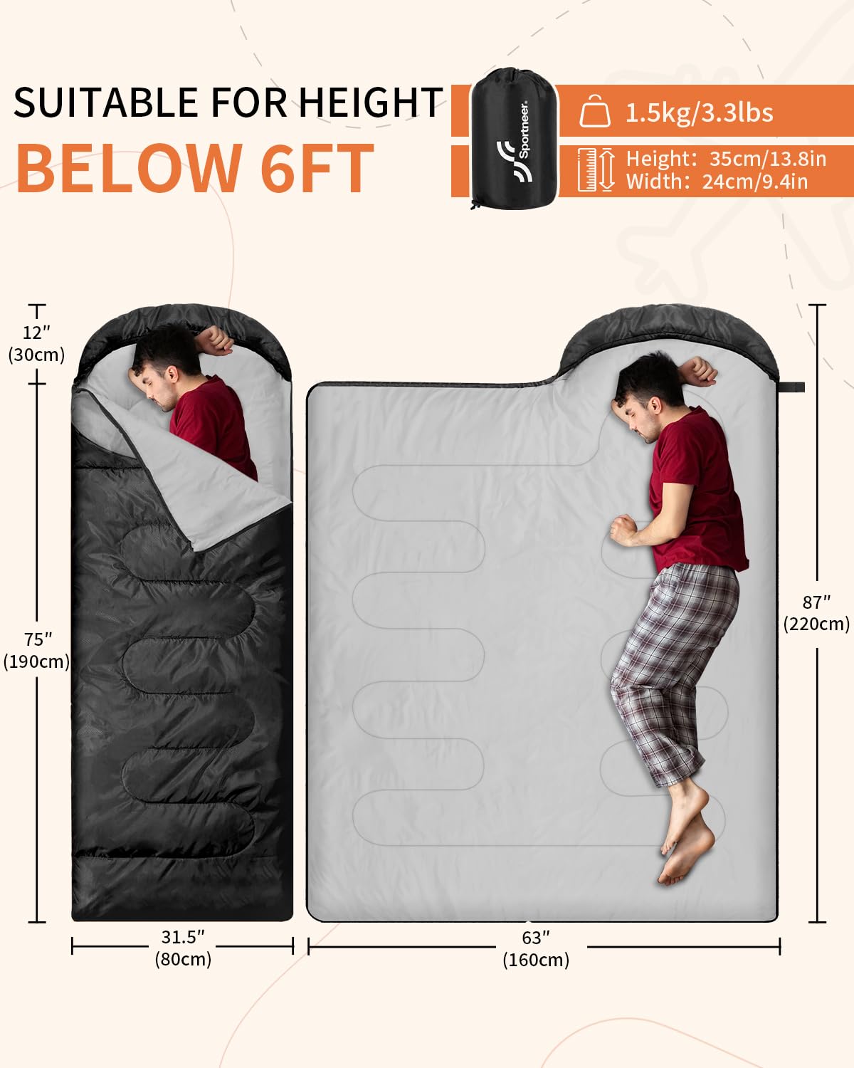 Schlafsack Outdoor - Sportneer Schlafsack Erwachsene und Kinder - Schlafsack Winter, Schlafsäcke, Camping Sleeping Bag Deckenschlafsack Leicht Tragbar für Camping Wandern Rucksackreisen