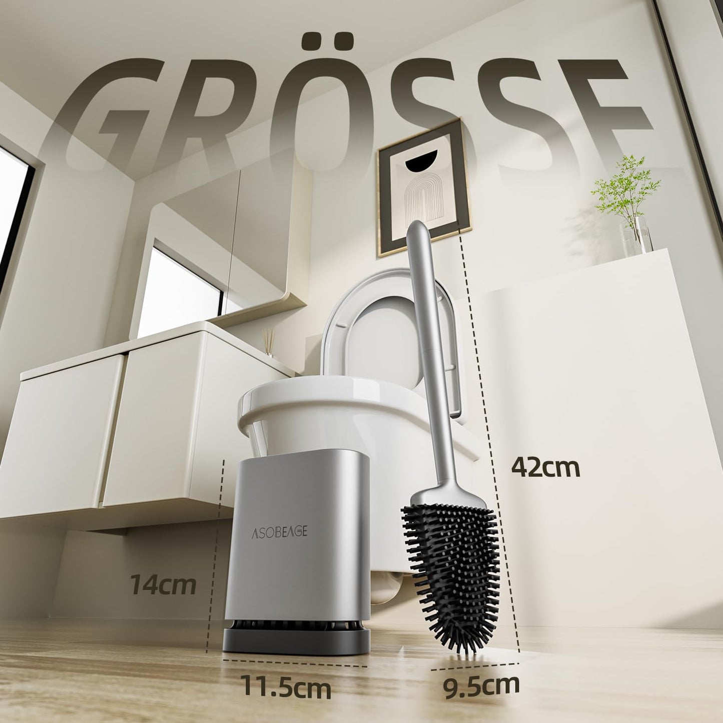 ASOBEAGE Silikon Toilettenbürste: Flexibler Kopf, Langer Griff, Wandmontage, schnell trocknende Halterung für die Reinigung des Badezimmers (Silber)