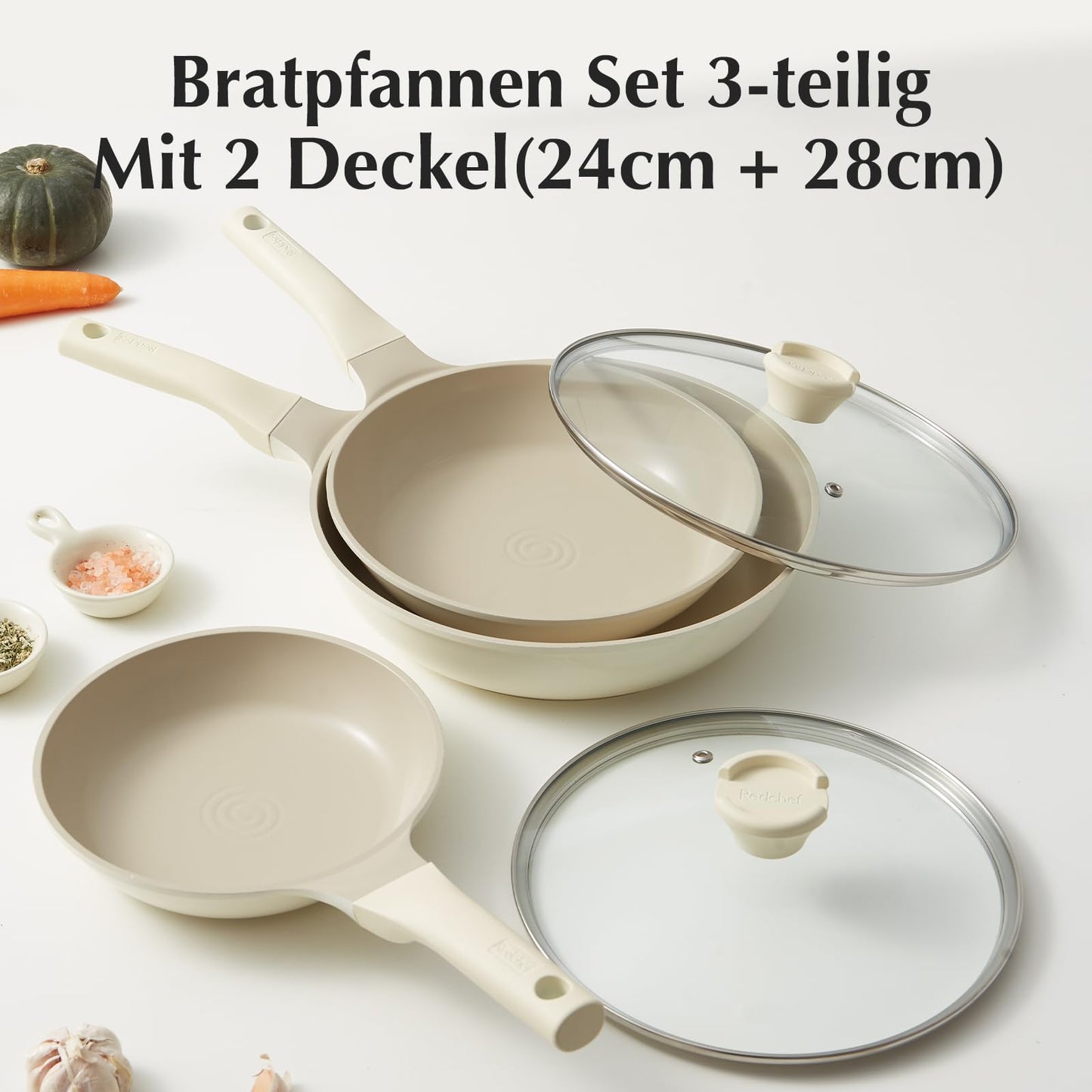 Redchef 5-teiliges Pfannenset Bratpfannen Induktion, Antihaft Keramik Pfannen Set, Pfannen 20/24/28 cm, 24/28cm Mit Deckel für alle Herdarten, PTFE-frei PFAS-frei PFOA-frei, Spülmaschinenfest Beige