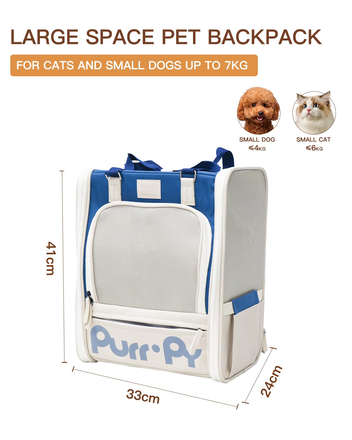 RYTMAT Katzenrucksack Hunderucksack Faltbare Haustier Rucksack für Katzen Hunde bis 7kg mit Innerer Sicherheitsleine und Netzfenster für Spaziergänge Urlaub Fahrrad Tierkliniken