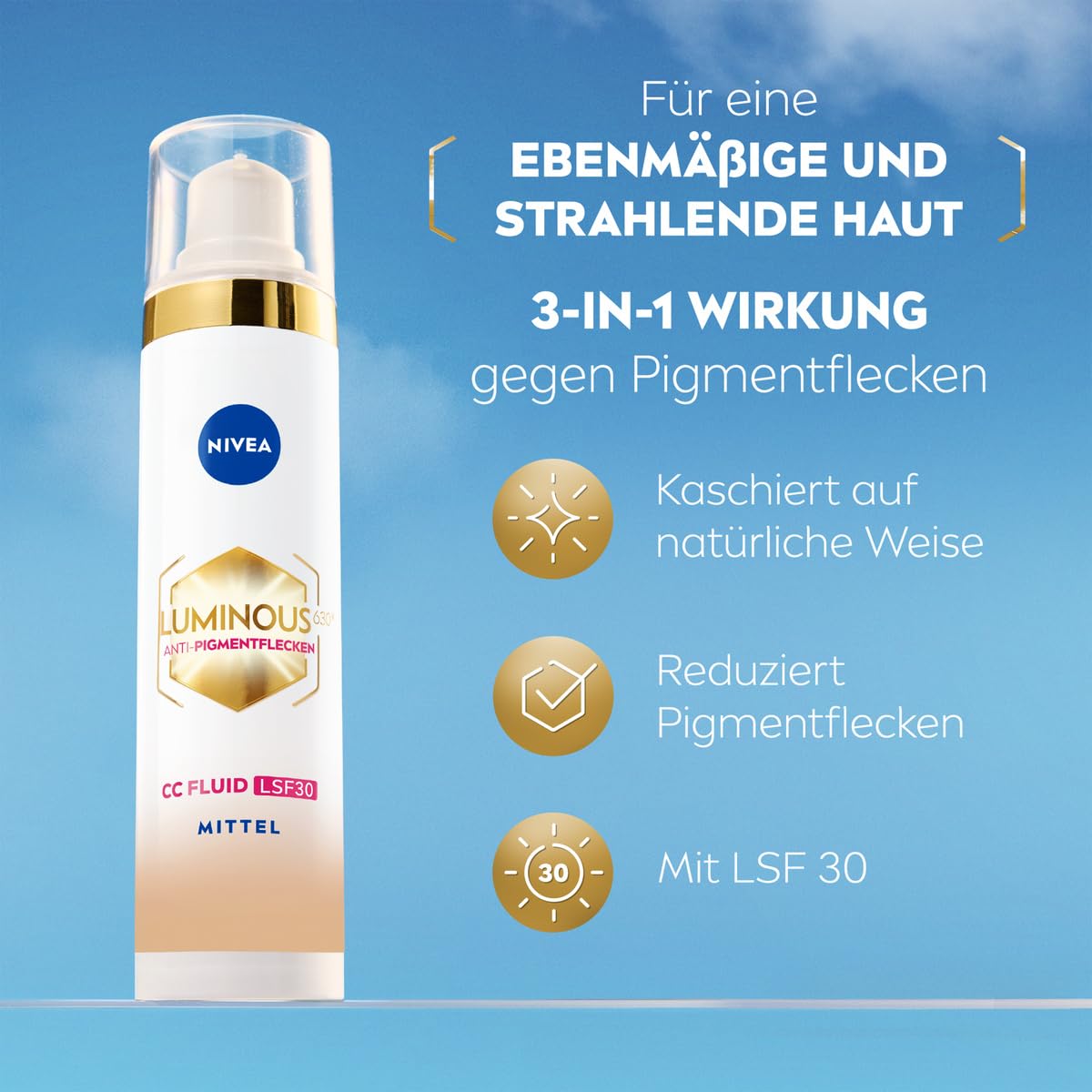 NIVEA Luminous 630 Anti-Pigmentflecken CC Fluid LSF 30 für mittlere Hauttöne, CC Cream mit Hyaluron und mikroverkapselten Farbpigmenten, Tagescreme mit LSF 30 für einen ebenmäßigen Teint (40 ml)