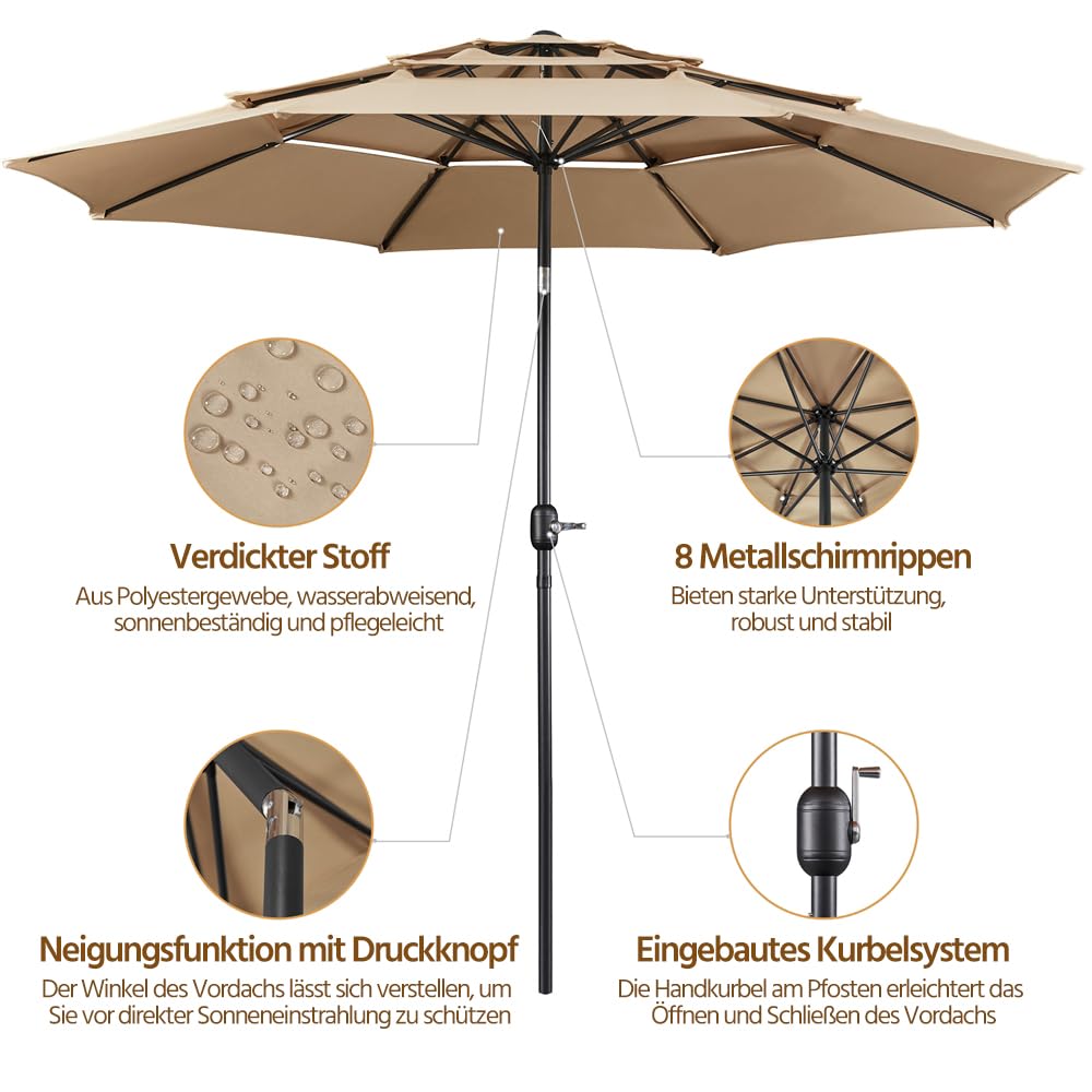 Yaheetech Sonnenschirm mit 3-lagigem Dach Φ 324 cm Neigbarer Gartenschirm UV-Schutz belüftet Marktschirm Outdoor Schirm Rund Sonnenschutz für Garten/Balkon/Terrasse/Strand, Hellbraun