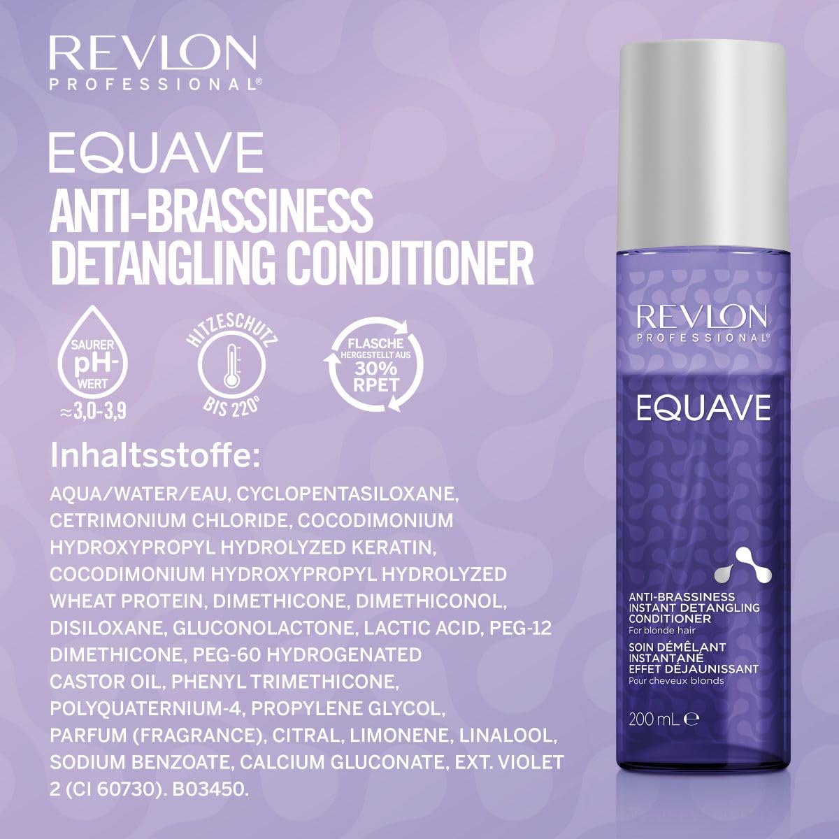 REVLON PROFESSIONAL EQUAVE Anti-Brassiness Instant Detangling Conditioner, 200 ml, entwirrender Leave in Sprühconditioner für blondes, weißes & blondiertes Haar, 2-Phasen Haarpflege mit Hitzeschutz
