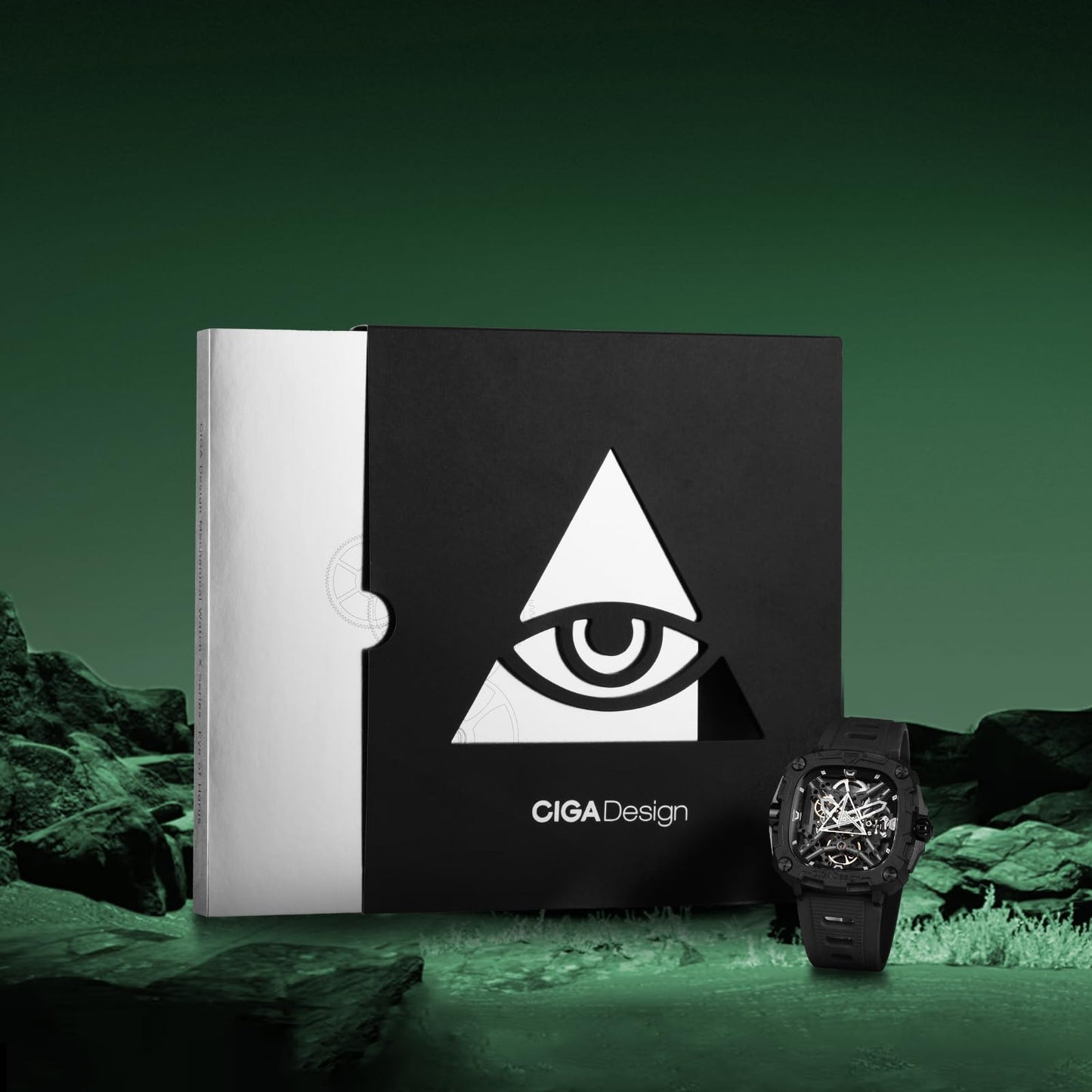 CIGA Design Automatische mechanische Uhr – X-Serie Auge des Horus Armbanduhr für Herren, Skelett-Stil, Biokeramikgehäuse mit Silikonbändern (Silber), Silber, Modern
