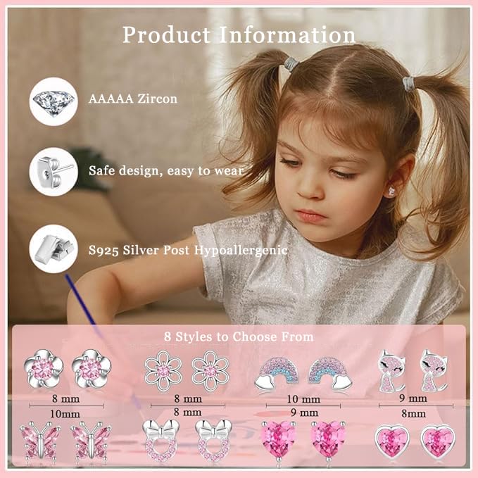 EXGOX 8Paare Hypoallergen Ohrstecker Silber925 Damen Mädchen Tiny Ohrstecker Silber AAAAA Zirkonia SterlingSilber Ohrringe Set Schmetterling Silber Ohrringe Mädchen
